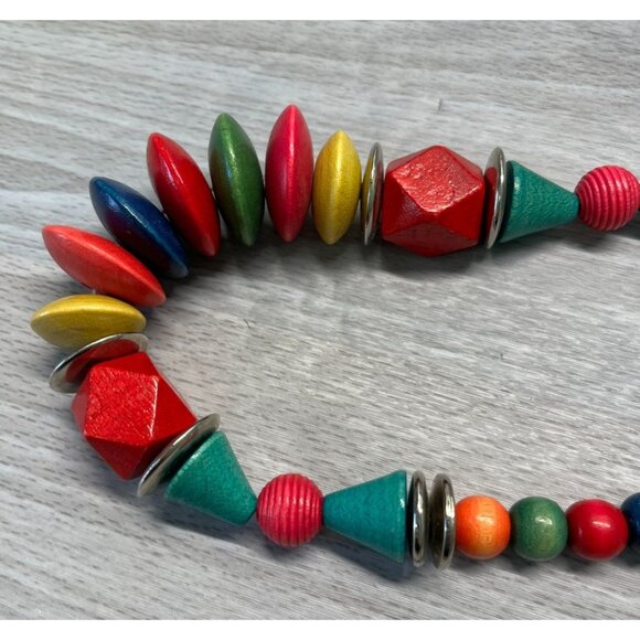 Handcrafted Rainbow Wooden Bead Necklace Geometric Shapes Graduating Beads Boho - Picture 6 of 9